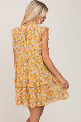 Mustard Floral Ruffle Mock Neck Dress