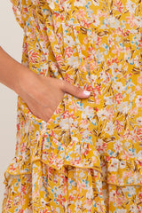 Mustard Floral Ruffle Mock Neck Dress