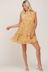 Mustard Floral Ruffle Mock Neck Dress