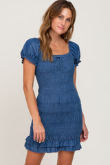 Navy Blue Chambray Smocked Maternity Mini Dress