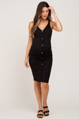 Black Ribbed Button Accent Maternity Midi Dress