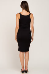 Black Ribbed Button Accent Maternity Midi Dress