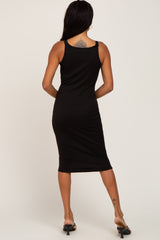 Black Ribbed Button Accent Midi Dress