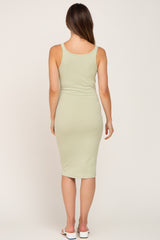 Light Green Ribbed Button Accent Maternity Midi Dress