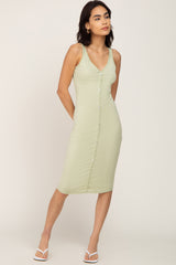 Light Green Ribbed Button Accent Midi Dress