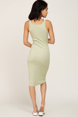 Light Green Ribbed Button Accent Midi Dress