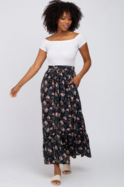 Black Floral Front Tie Ruffle Hem Maxi Skirt