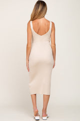 Cream Ribbed Knit V-Neck Sleeveless Maternity Midi Dress