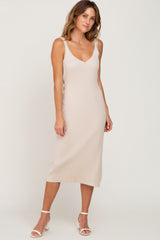 Cream Ribbed Knit V-Neck Sleeveless Maternity Midi Dress