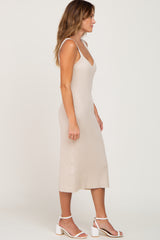 Cream Ribbed Knit V-Neck Sleeveless Midi Dress