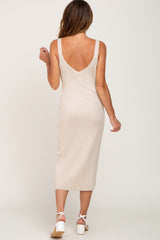 Cream Ribbed Knit V-Neck Sleeveless Midi Dress