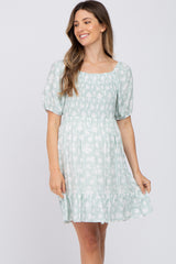 Mint Green Floral Smocked Maternity Dress