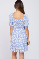 Blue Floral Smocked Maternity Dress