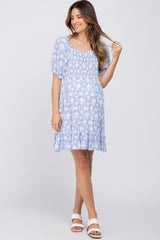 Blue Floral Smocked Maternity Dress