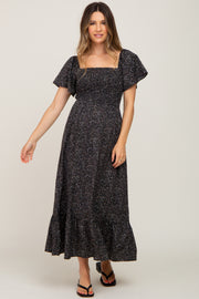 Black Floral Smocked Maternity Maxi Dress