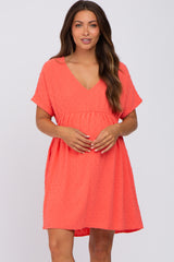 Coral Swiss Dot V-Neck Maternity Dress