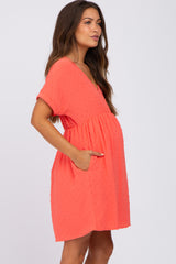 Coral Swiss Dot V-Neck Maternity Dress