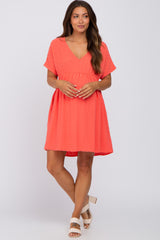 Coral Swiss Dot V-Neck Maternity Dress