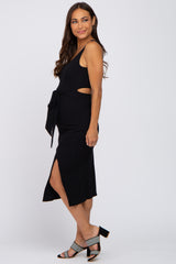 Black Ribbed Back Cutout Maternity Midi Dress