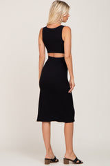 Black Ribbed Back Cutout Midi Dress