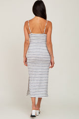 Ivory Striped Square Neck Side Slit Midi Dress