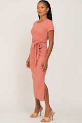 Mauve Ribbed Back Wrap Midi Dress