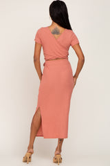 Mauve Ribbed Back Wrap Midi Dress