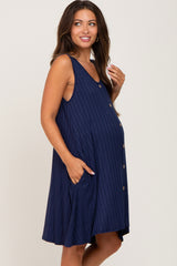 Navy Blue Ribbed Button Front Accent Maternity Dress