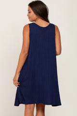 Navy Blue Ribbed Button Front Accent Maternity Dress