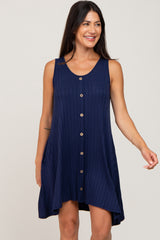 Navy Blue Ribbed Button Front Accent Dress