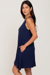 Navy Blue Ribbed Button Front Accent Dress