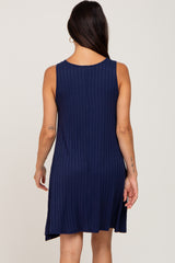 Navy Blue Ribbed Button Front Accent Dress