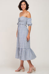 Blue Gingham Sweetheart Neck Front Tie Off Shoulder Midi Dress