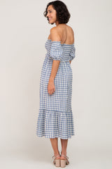 Blue Gingham Sweetheart Neck Front Tie Off Shoulder Midi Dress