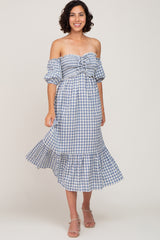 Blue Gingham Sweetheart Neck Front Tie Off Shoulder Midi Dress