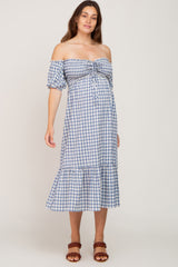 Blue Gingham Sweetheart Neck Front Tie Off Shoulder Maternity Midi Dress