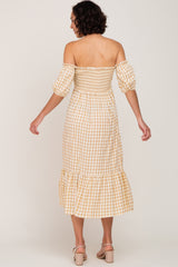 Camel Gingham Sweetheart Neck Front Tie Off Shoulder Midi Dress