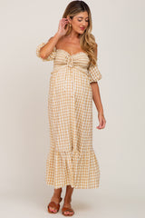 Camel Gingham Sweetheart Neck Front Tie Off Shoulder Maternity Midi Dress