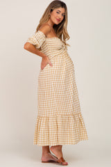 Camel Gingham Sweetheart Neck Front Tie Off Shoulder Maternity Midi Dress