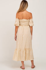 Camel Gingham Sweetheart Neck Front Tie Off Shoulder Maternity Midi Dress