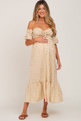 Camel Gingham Sweetheart Neck Front Tie Off Shoulder Maternity Midi Dress