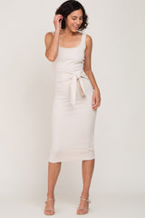 Beige Brushed Ribbed Front Tie Midi Dress