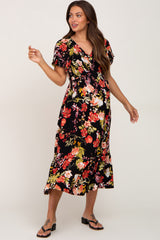 Black Floral Smocked V-Neck Maternity Midi Dress