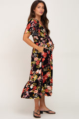 Black Floral Smocked V-Neck Maternity Midi Dress