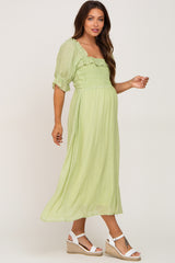 Light Green Smocked Ruffle Accent Maternity Midi Dress