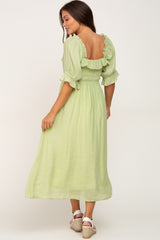 Light Green Smocked Ruffle Accent Maternity Midi Dress