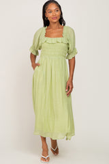 Light Green Smocked Ruffle Accent Maternity Midi Dress