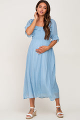 Light Blue Smocked Ruffle Accent Maternity Midi Dress