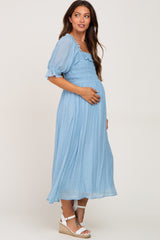 Light Blue Smocked Ruffle Accent Maternity Midi Dress