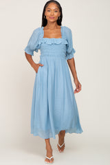 Light Blue Smocked Ruffle Accent Maternity Midi Dress